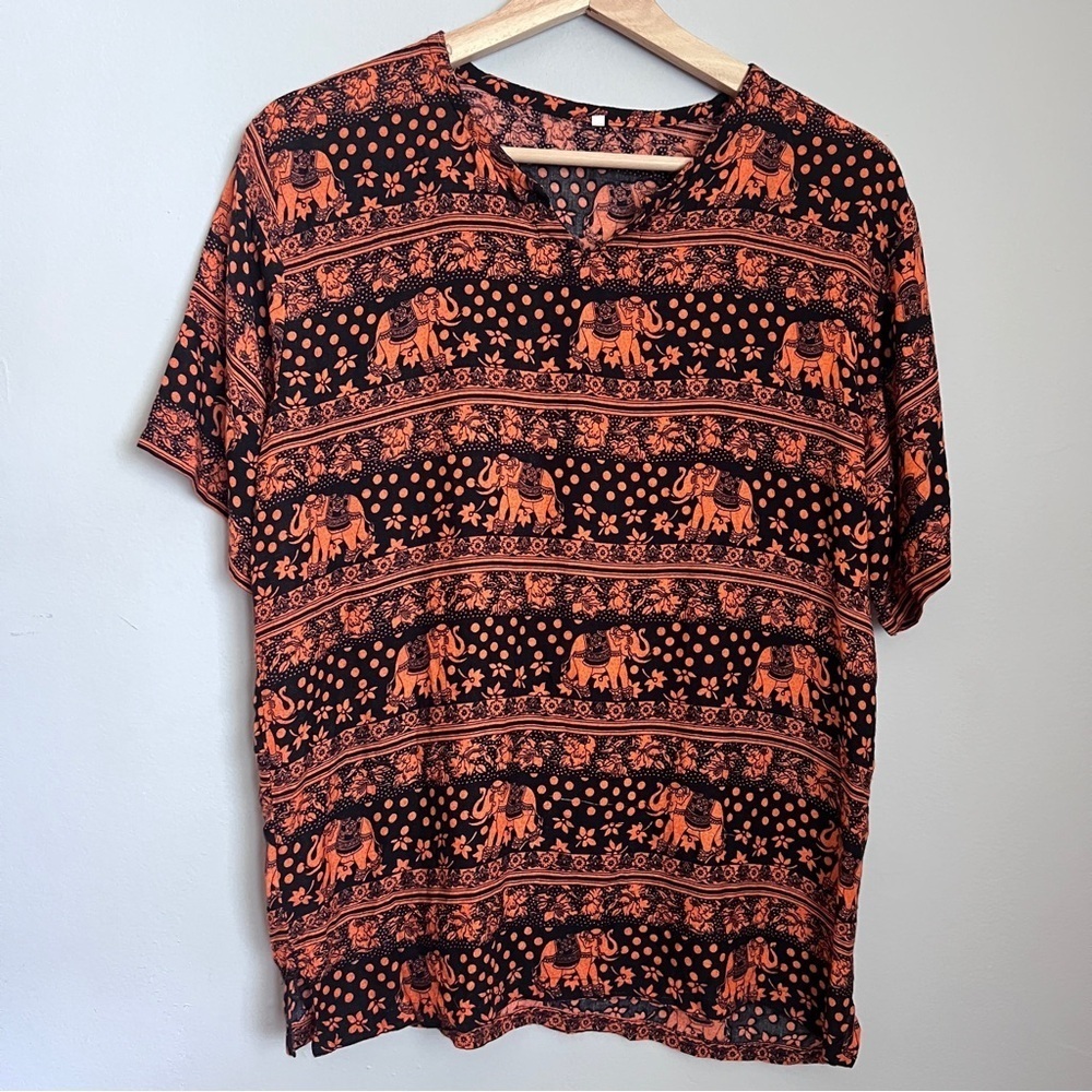 Black and Orange Elephant Print Top Size Large EUC